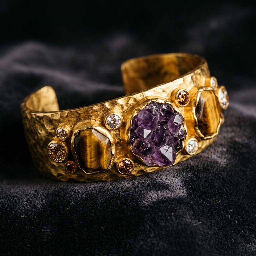 A high-end editorial close-up of a handcrafted 24K gold-formed cuff bracelet. The cuff features hammered textures and is intricately set with raw amethyst, tiger eye, and brilliant zircon gemstones. It rests against a dark, moody charcoal velvet background with sharp, directional lighting that emphasizes the rich gold luster and crystalline details of the stones. The overall aesthetic is one of smart luxury and artisanal mastery.