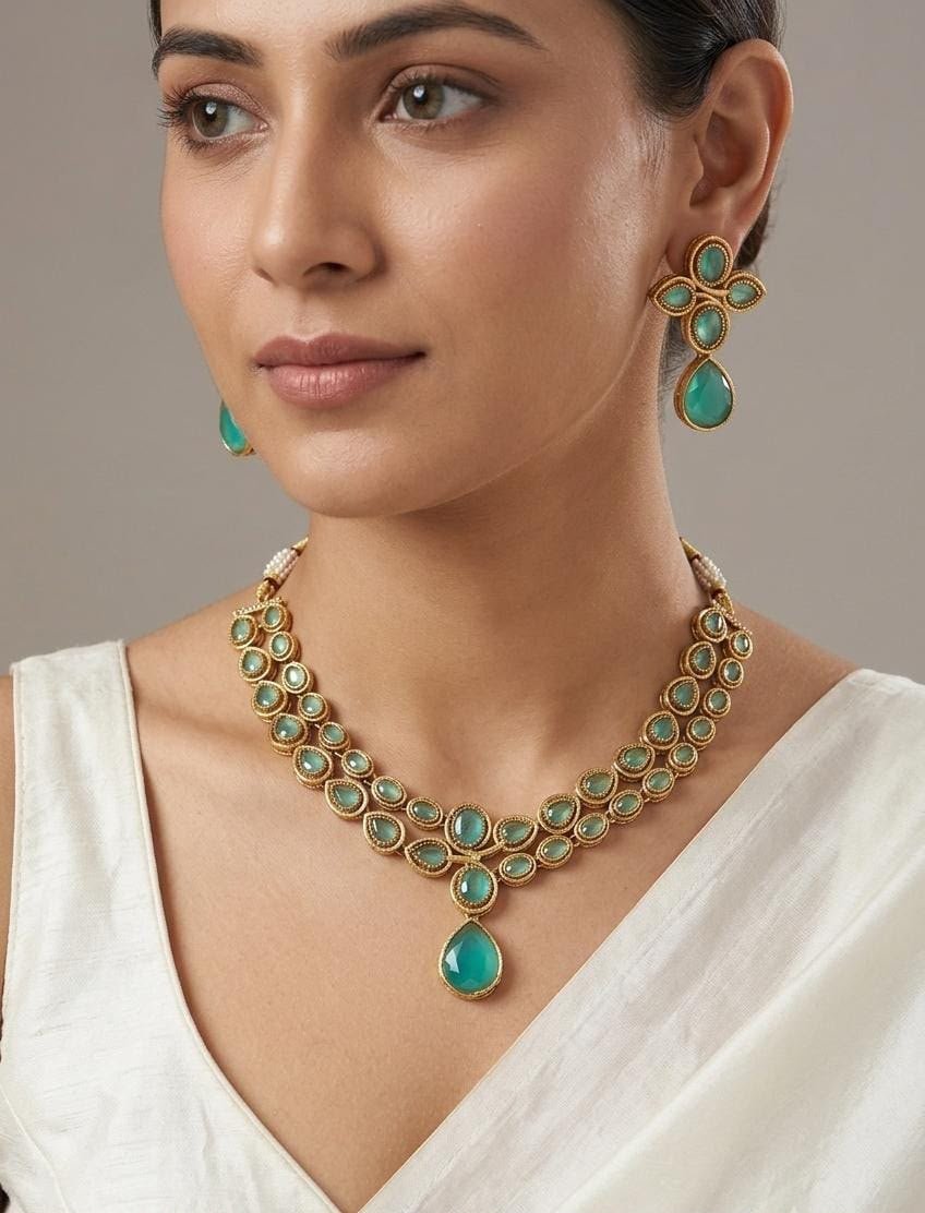 Turquoise Teardrop Statement Necklace Set with Matching Earrings | Elegant Ethnic Jewelry