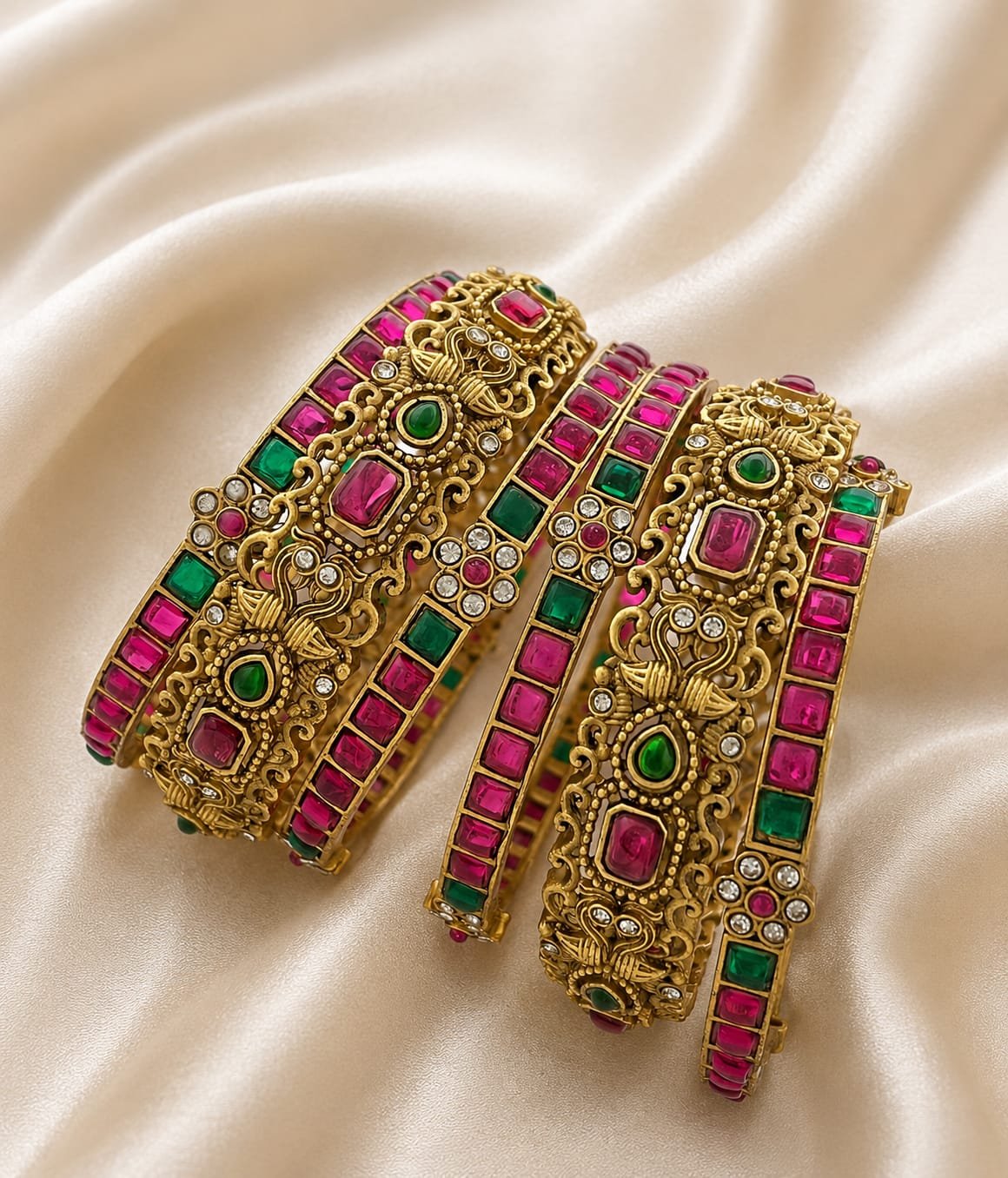 24K Gold Formed Lakshmi Temple Bangles with Ruby & Green Stones | Bridal Kada Set